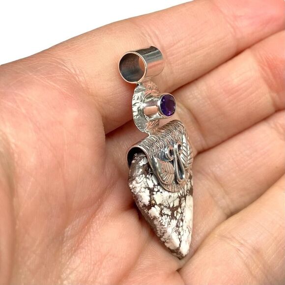 Wild Horse Jasper & Amethyst Necklace Pendant Solid 925 Sterling Silver Brown - Picture 4 of 4